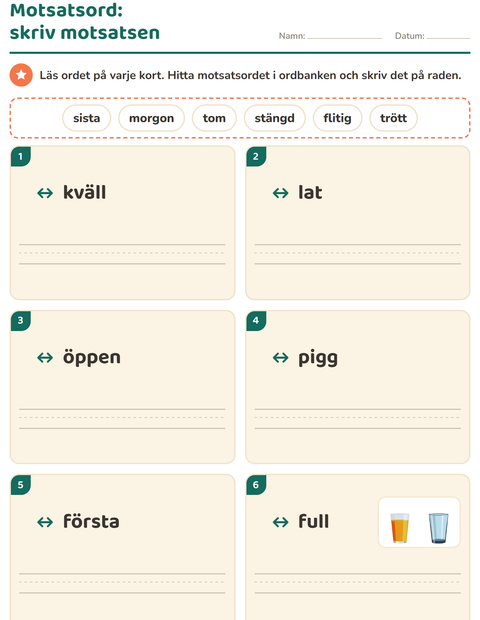 Förhandsvisning av Motsatsord-arbetsblad för Årskurs 1