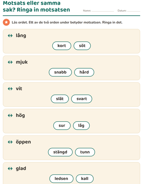 Förhandsvisning av Motsatsord-arbetsblad för Årskurs 1