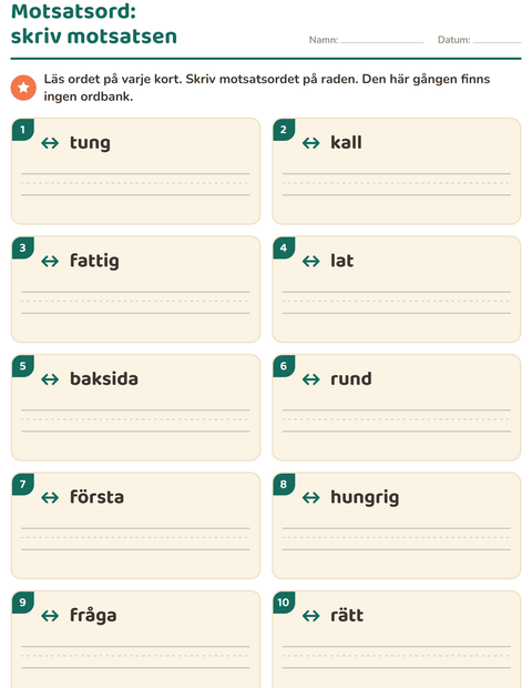 Förhandsvisning av Motsatsord-arbetsblad för Årskurs 1