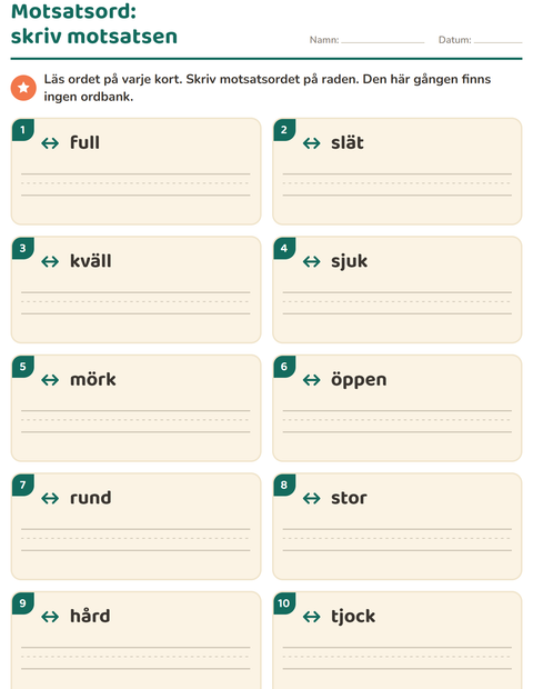 Förhandsvisning av Motsatsord-arbetsblad för Årskurs 1