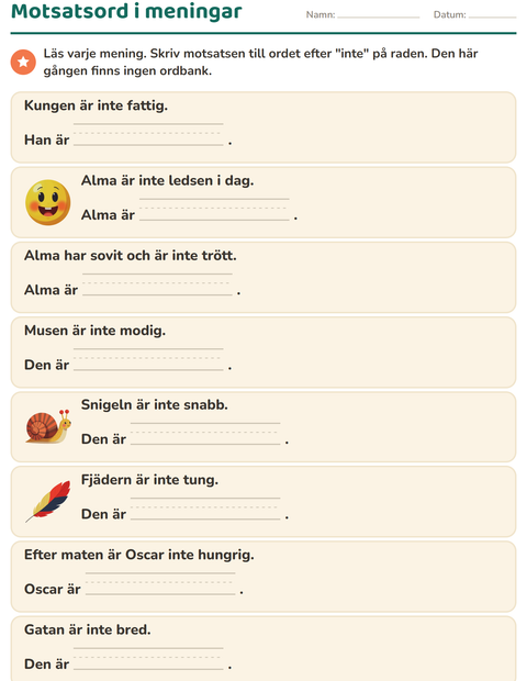 Förhandsvisning av Motsatsord-arbetsblad för Årskurs 1