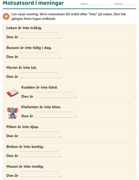 Förhandsvisning av Motsatsord-arbetsblad för Årskurs 1