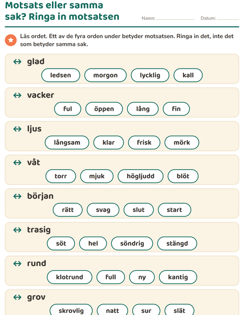 Förhandsvisning av Motsatsord-arbetsblad för Årskurs 1