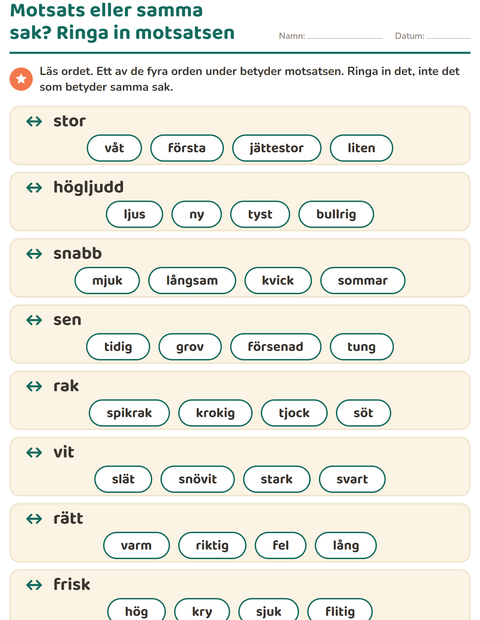 Förhandsvisning av Motsatsord-arbetsblad för Årskurs 1