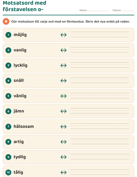 Förhandsvisning av Motsatsord-arbetsblad för Årskurs 2