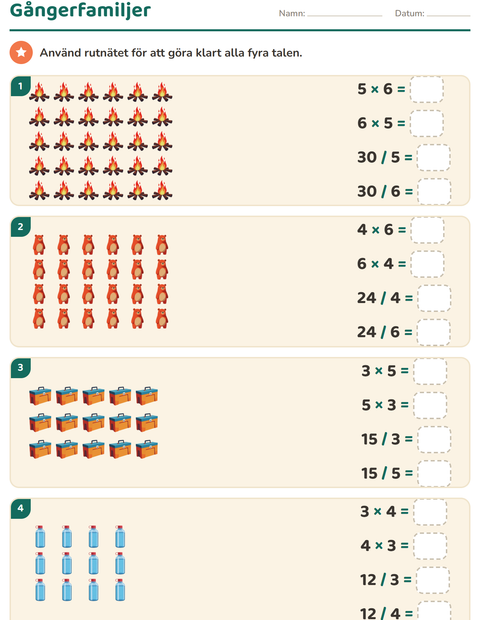Förhandsvisning av Multiplikation med bilder-arbetsblad med Camping för Årskurs 3