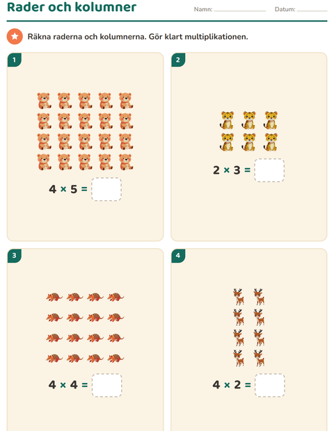 Förhandsvisning av Multiplikation med bilder-arbetsblad med Djurparksdjur för Årskurs 2