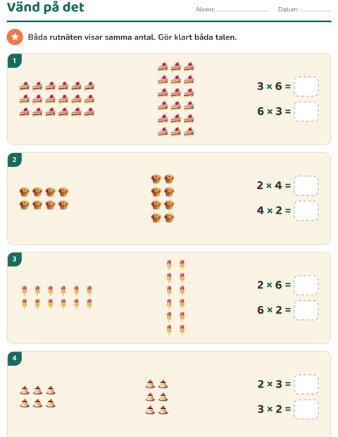 Förhandsvisning av Multiplikation med bilder-arbetsblad med Efterrätter och godis för Årskurs 3