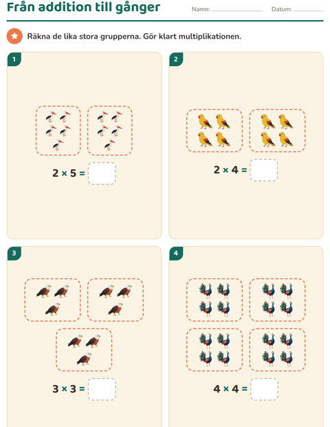 Förhandsvisning av Multiplikation med bilder-arbetsblad med Fåglar för Årskurs 2