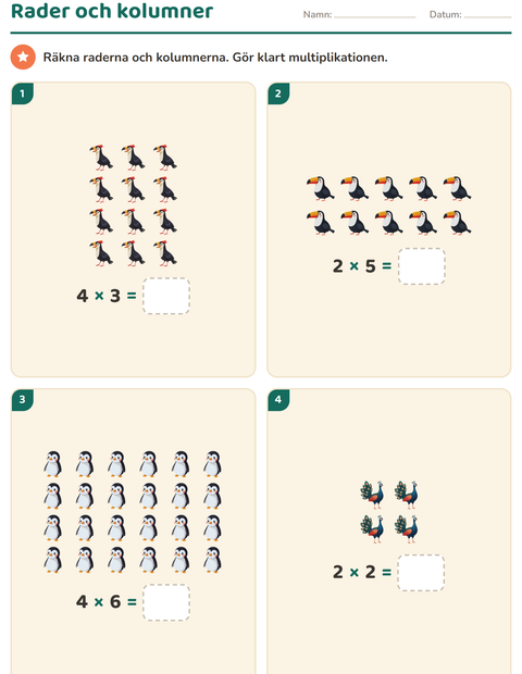 Förhandsvisning av Multiplikation med bilder-arbetsblad med Fåglar för Årskurs 2