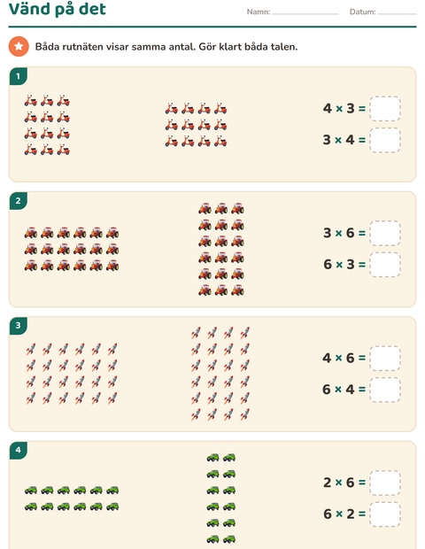 Förhandsvisning av Multiplikation med bilder-arbetsblad med Fordon för Årskurs 3