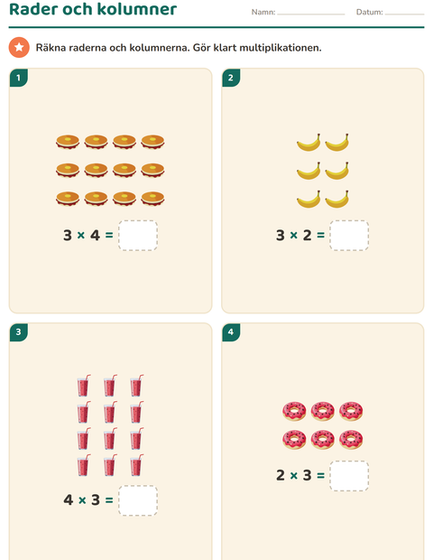 Förhandsvisning av Multiplikation med bilder-arbetsblad med Frukost för Årskurs 2