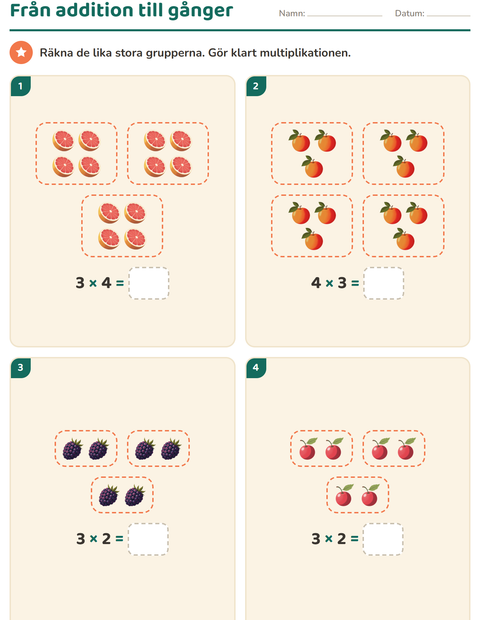 Förhandsvisning av Multiplikation med bilder-arbetsblad med Frukter för Årskurs 2