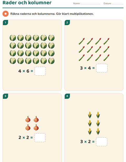 Förhandsvisning av Multiplikation med bilder-arbetsblad med Grönsaker för Årskurs 2