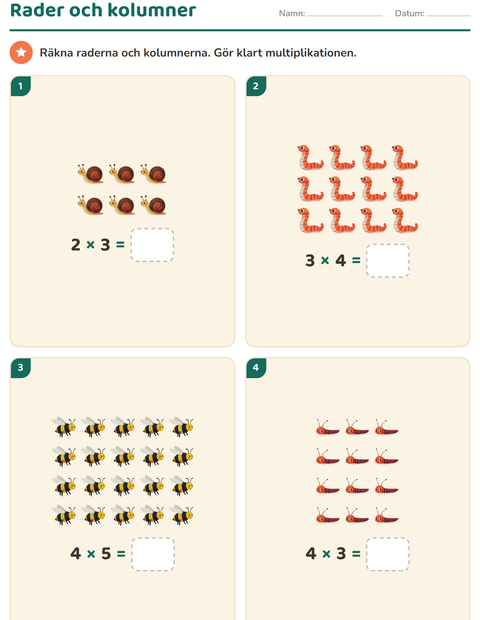 Förhandsvisning av Multiplikation med bilder-arbetsblad med Insekter och kryp för Årskurs 2