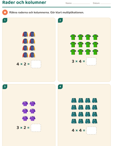 Förhandsvisning av Multiplikation med bilder-arbetsblad med Kläder för Årskurs 2