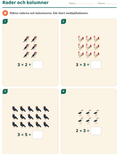 Förhandsvisning av Multiplikation med bilder-arbetsblad med Fåglar 2 för Årskurs 2
