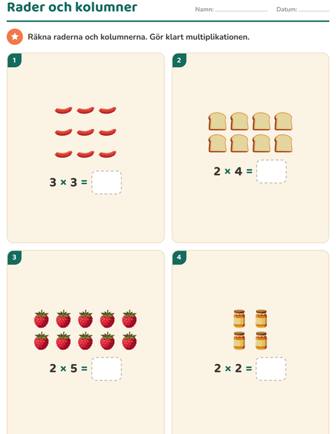 Förhandsvisning av Multiplikation med bilder-arbetsblad med Frukost för Årskurs 2