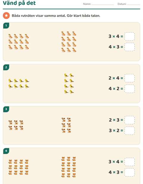Förhandsvisning av Multiplikation med bilder-arbetsblad med Husdjur för Årskurs 3