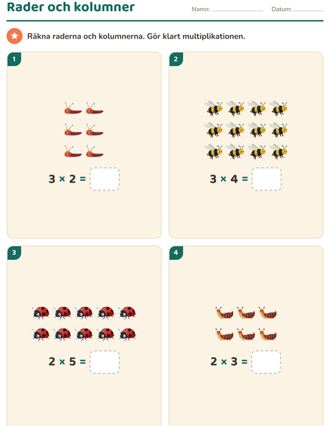 Förhandsvisning av Multiplikation med bilder-arbetsblad med Insekter och kryp för Årskurs 2