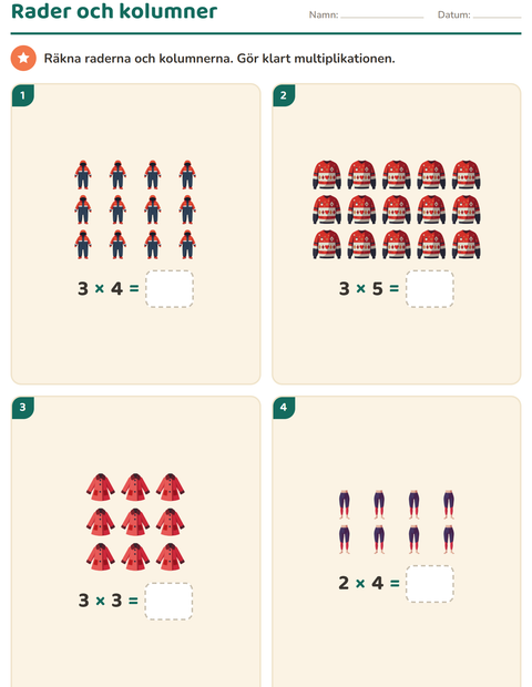 Förhandsvisning av Multiplikation med bilder-arbetsblad med Kläder för Årskurs 2