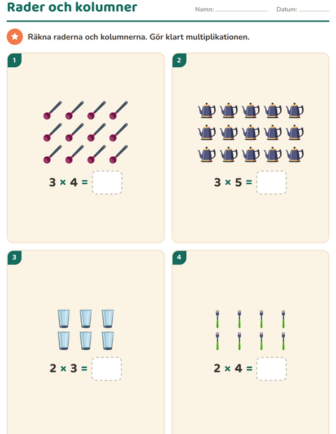 Förhandsvisning av Multiplikation med bilder-arbetsblad med Köksredskap för Årskurs 2
