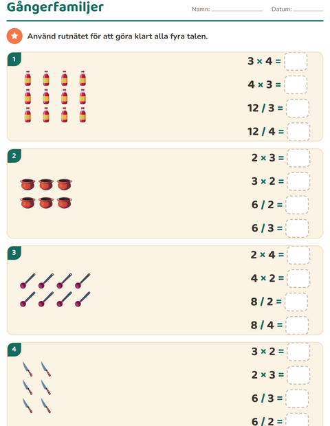 Förhandsvisning av Multiplikation med bilder-arbetsblad med Köksredskap för Årskurs 3