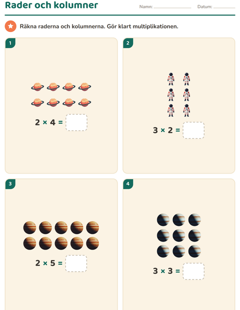 Förhandsvisning av Multiplikation med bilder-arbetsblad med Rymden för Årskurs 2