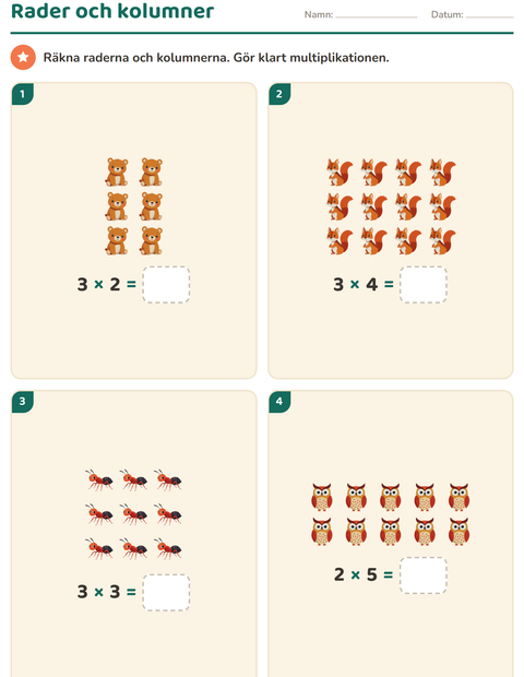 Förhandsvisning av Multiplikation med bilder-arbetsblad med Skogsdjur för Årskurs 2