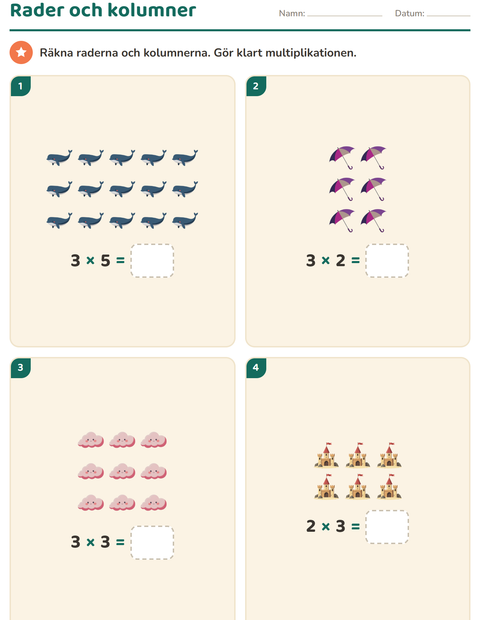 Förhandsvisning av Multiplikation med bilder-arbetsblad med Strand för Årskurs 2