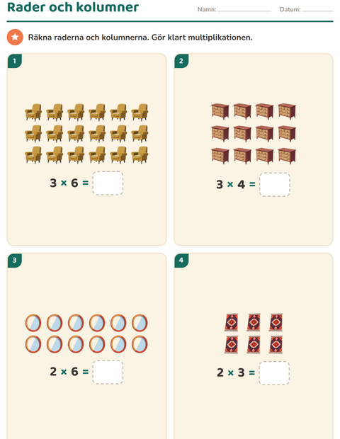 Förhandsvisning av Multiplikation med bilder-arbetsblad med Möbler för Årskurs 2