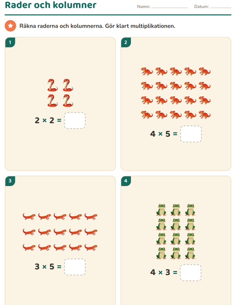 Förhandsvisning av Multiplikation med bilder-arbetsblad med Reptiler och groddjur för Årskurs 2