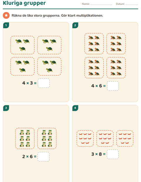 Förhandsvisning av Multiplikation med bilder-arbetsblad med Reptiler och groddjur för Årskurs 3