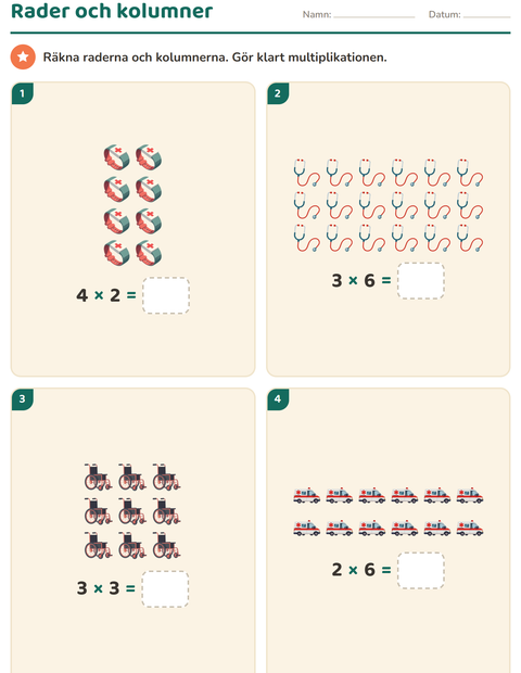 Förhandsvisning av Multiplikation med bilder-arbetsblad med Sjukhus för Årskurs 2