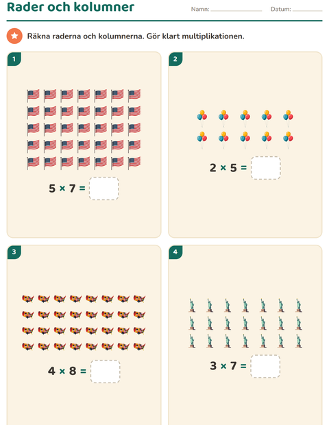 Förhandsvisning av Multiplikation med bilder-arbetsblad med 4 juli för Årskurs 2