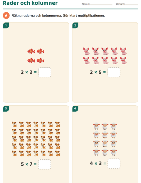 Förhandsvisning av Multiplikation med bilder-arbetsblad med Djur för Årskurs 2