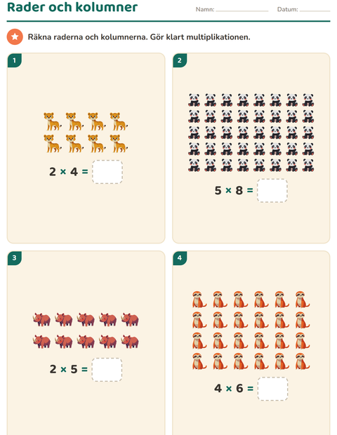 Förhandsvisning av Multiplikation med bilder-arbetsblad med Djurparksdjur för Årskurs 2