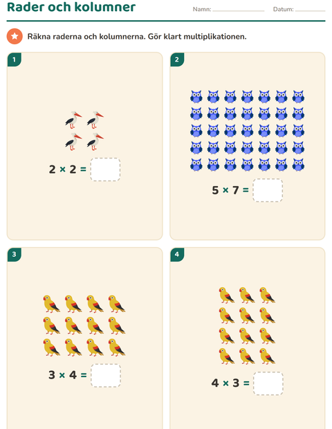 Förhandsvisning av Multiplikation med bilder-arbetsblad med Fåglar för Årskurs 2