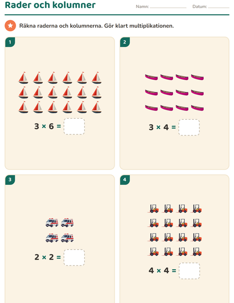 Förhandsvisning av Multiplikation med bilder-arbetsblad med Fordon för Årskurs 2