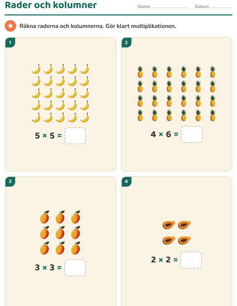 Förhandsvisning av Multiplikation med bilder-arbetsblad med Frukter för Årskurs 2