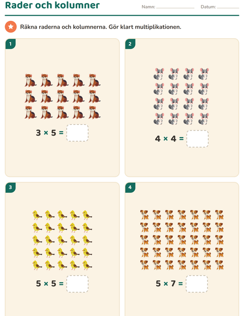 Förhandsvisning av Multiplikation med bilder-arbetsblad med Husdjur för Årskurs 2