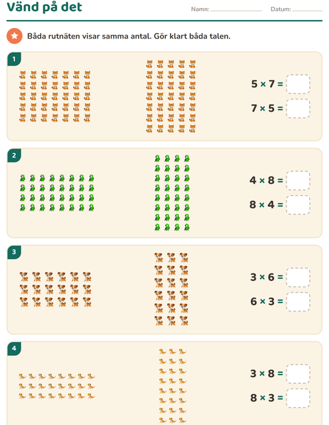 Förhandsvisning av Multiplikation med bilder-arbetsblad med Husdjur för Årskurs 3
