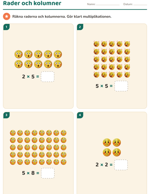Förhandsvisning av Multiplikation med bilder-arbetsblad med Känslor för Årskurs 2