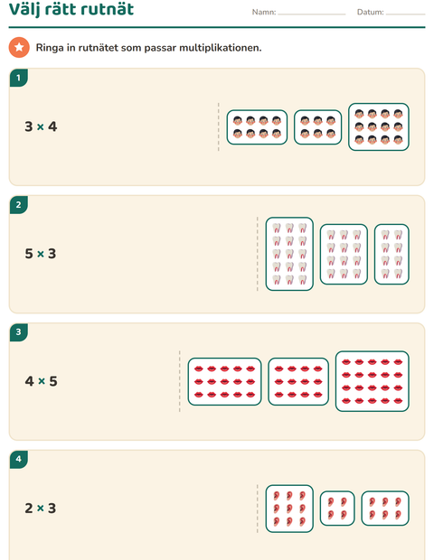 Förhandsvisning av Multiplikation med bilder-arbetsblad med Kroppsdelar för Årskurs 2