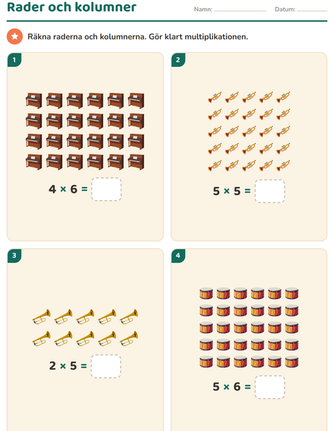 Förhandsvisning av Multiplikation med bilder-arbetsblad med Musik för Årskurs 2