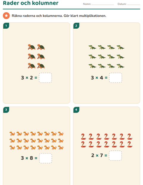 Förhandsvisning av Multiplikation med bilder-arbetsblad med Reptiler och groddjur för Årskurs 2