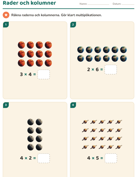 Förhandsvisning av Multiplikation med bilder-arbetsblad med Rymden för Årskurs 2
