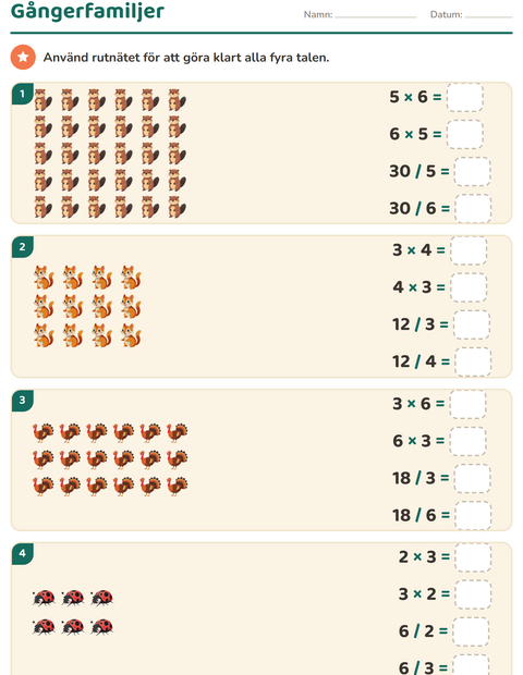 Förhandsvisning av Multiplikation med bilder-arbetsblad med Skogsdjur för Årskurs 3