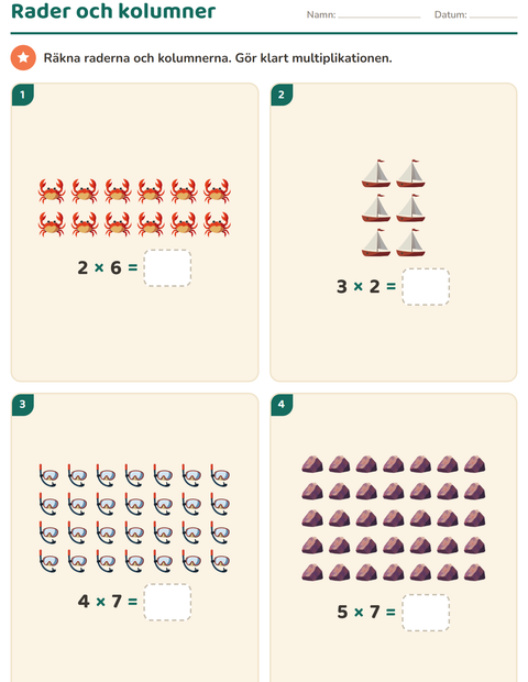 Förhandsvisning av Multiplikation med bilder-arbetsblad med Strand för Årskurs 2