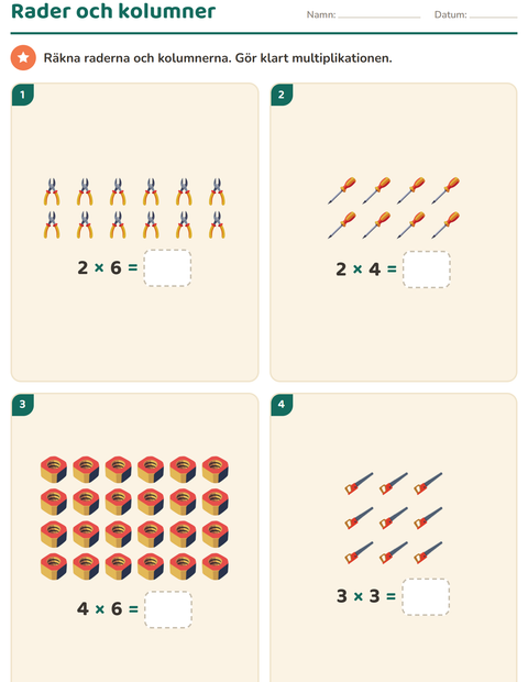 Förhandsvisning av Multiplikation med bilder-arbetsblad med Verktyg för Årskurs 2